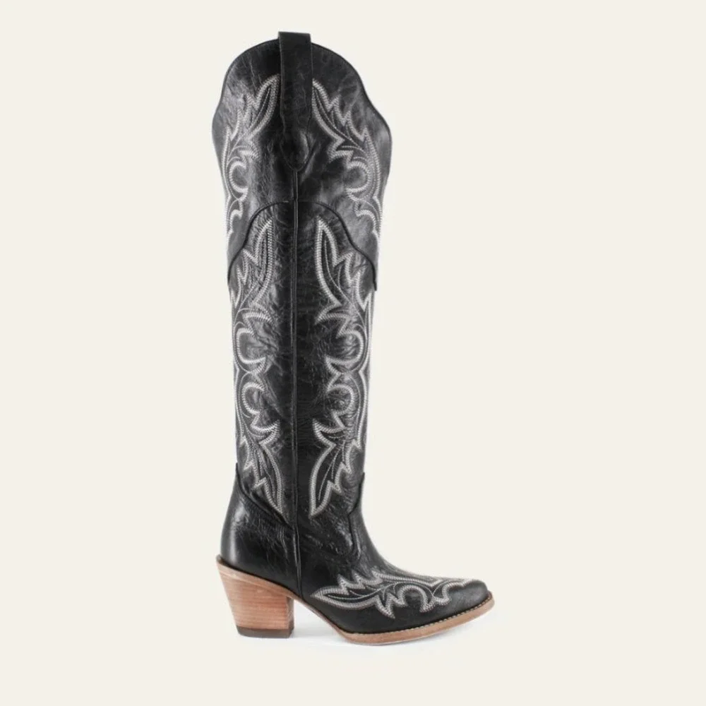 Buck & Brana Julia Black Leather Over The Knee Western Embroidered Boots 8.5 NEW